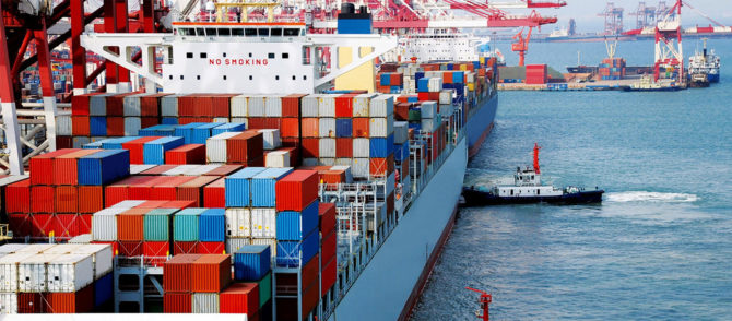Loading containers onto a ship for international shipping