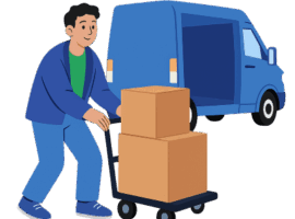 student loading moving boxes out of a moving van