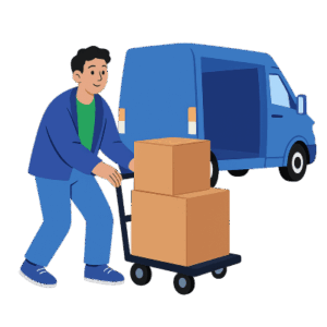 student loading moving boxes out of a moving van