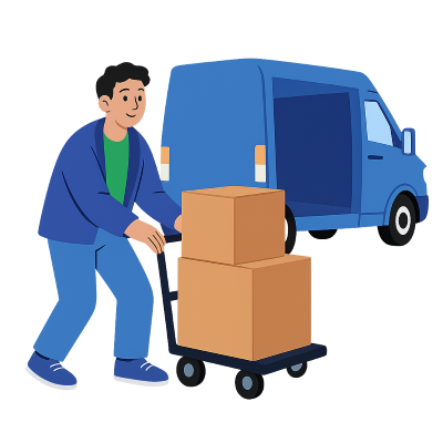 student loading moving boxes out of a moving van