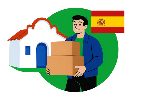 Man with moving box in front of new house and Spain flag