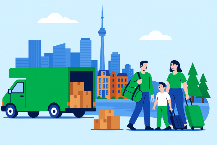Family in Canada in front of their moving van