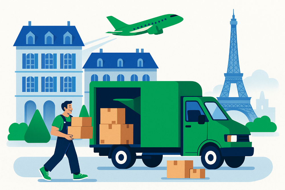 man loading boxes in moving van with paris landmarks in background