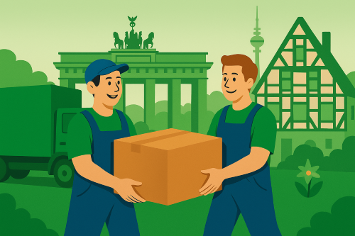 Two movers with a box in front of German landmarks