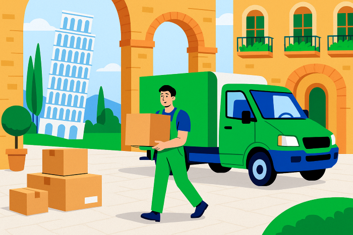 man moving boxes from moving van against background with italian landmarks