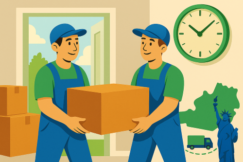 Two movers moving boxes out of a house