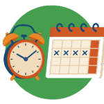 Illustrated alarm clock and calendar with marked days, representing off-peak moving dates and scheduling for cheaper removals in lodon.