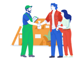 Mover shaking hands with couple. Man-with-a-van-near-me